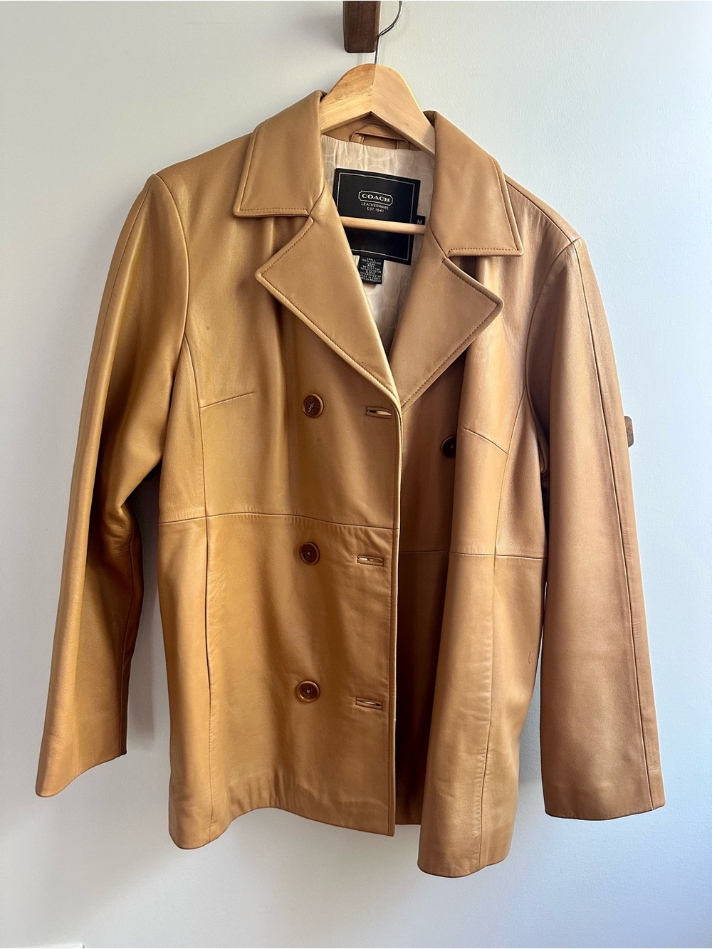 COACH Tan Leather Double-Breasted Peacoat Jacket